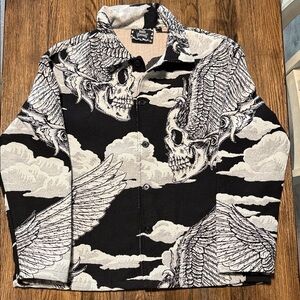 Rebel Vengeance Winged Skull Tapestry Jacket, Gothic Designer Streetwear Small